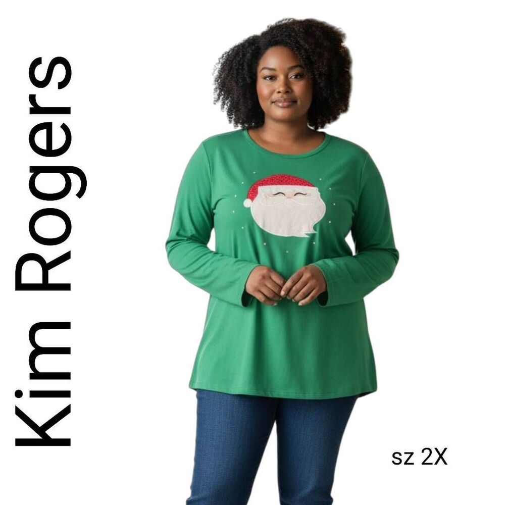 Kim Rogers Santa Lightweight 3D Rhinestone Velvet Embroidered Christmas Shirt